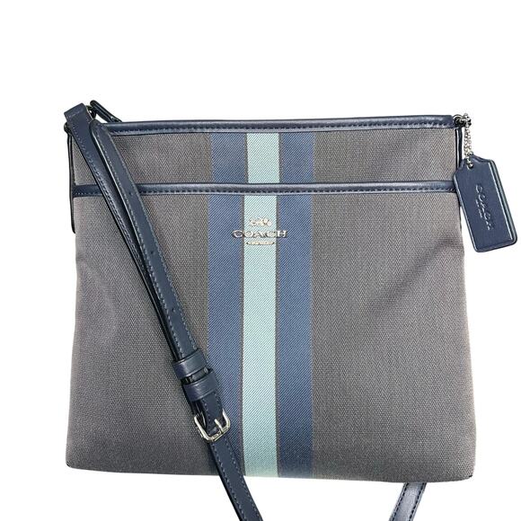 Coach File Zip Crossbody Signature Jacquard Varsity Stripe Denim vibes blue gray - Picture 1 of 10
